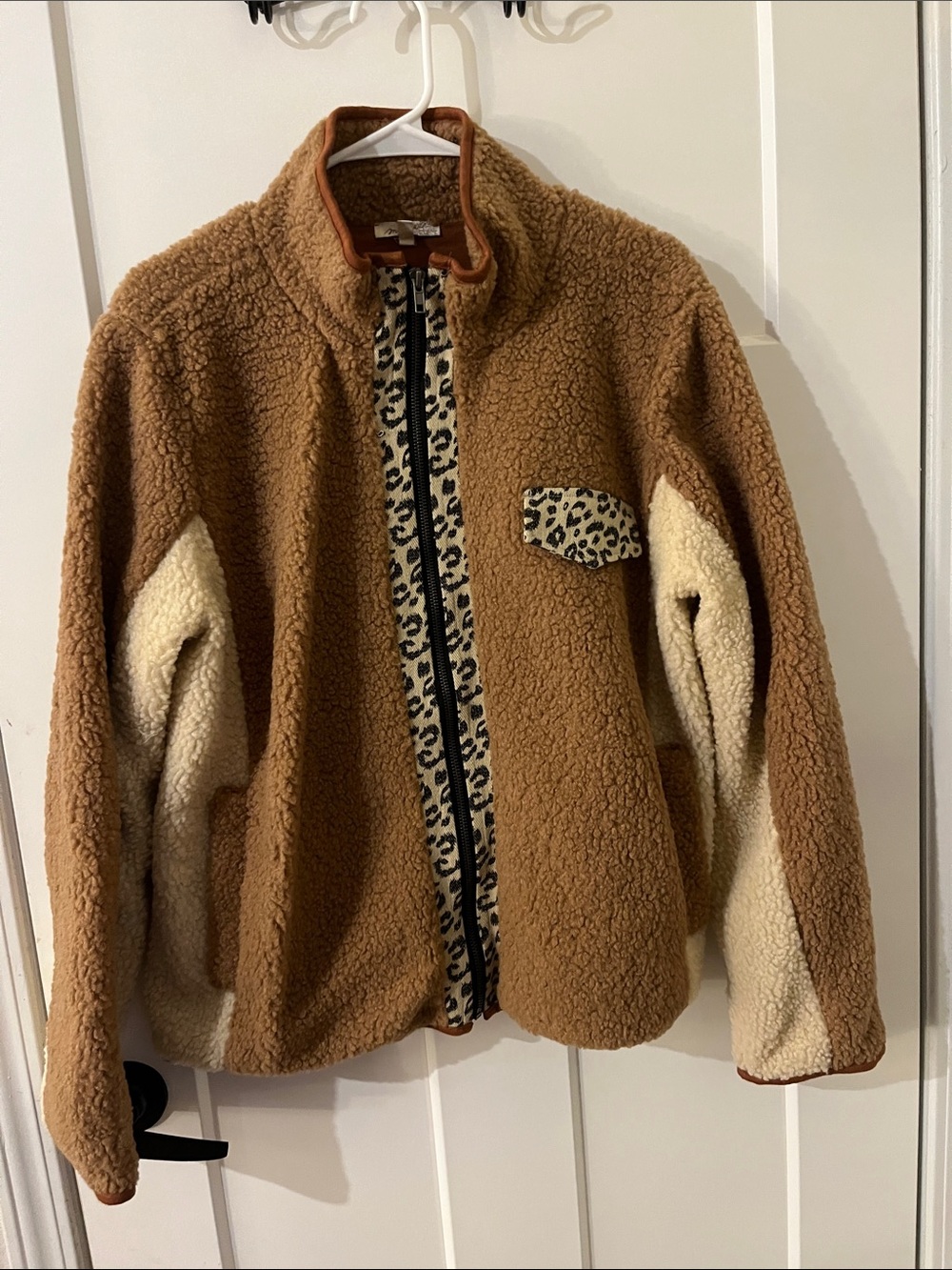 Mystree Tan and Cream Sherpa Jacket with Leopard Trim